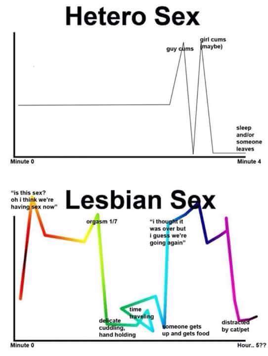 A chart shows hetero sex as a straight line to "man comes", "woman comes, maybe" and then they fall asleep. a rainbow coloured line shows "lesbian sex" going through many complicated steps including "orgasm 1/7", snacks, and time travel, and ending with "distracted by cat"