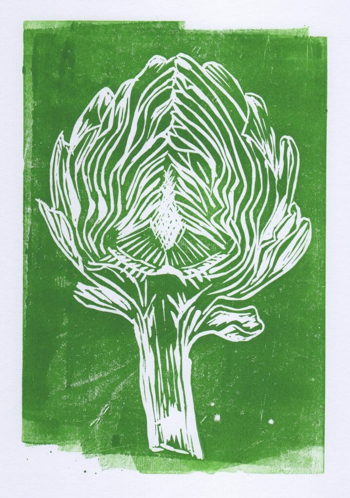 artichoke linocut in green ink on white paper, by alex bayley