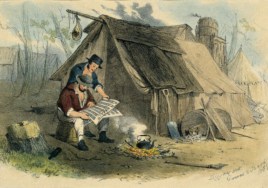 two diggers reading a newspaper. sketch by S. T. Gill.